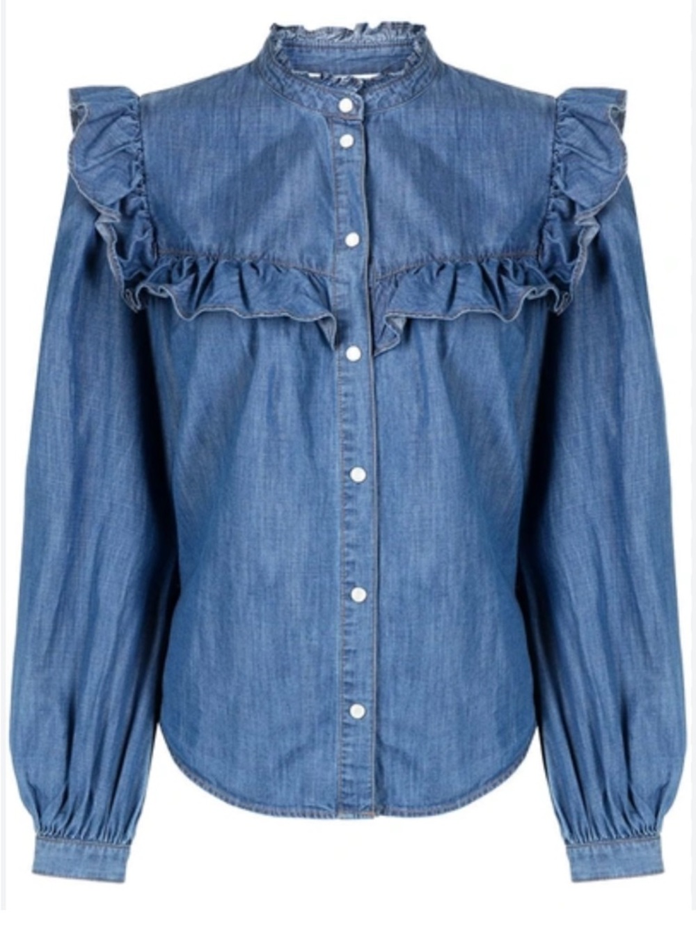 Veronica Beard "Tes"Ruffled Chambray Denim Button Up Shirt Medium Indigo, Size 4
